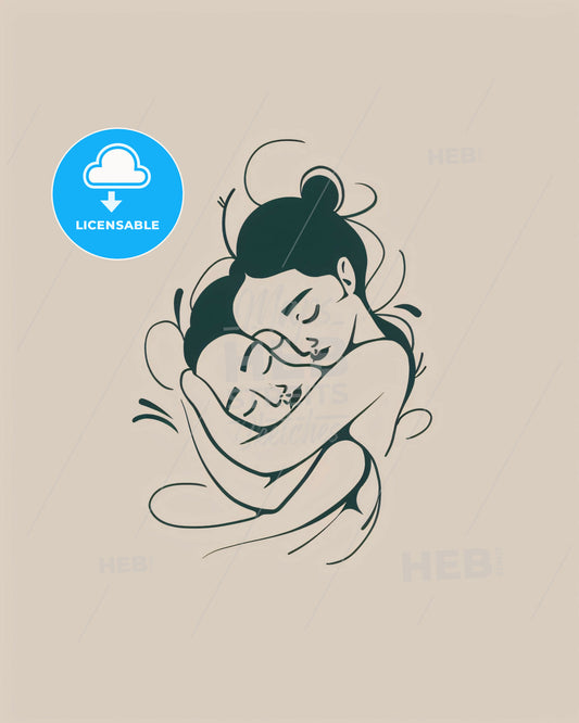 Urban Simplicity: Bold Embrace in Tranquil Hues - A drawing of two women hugging