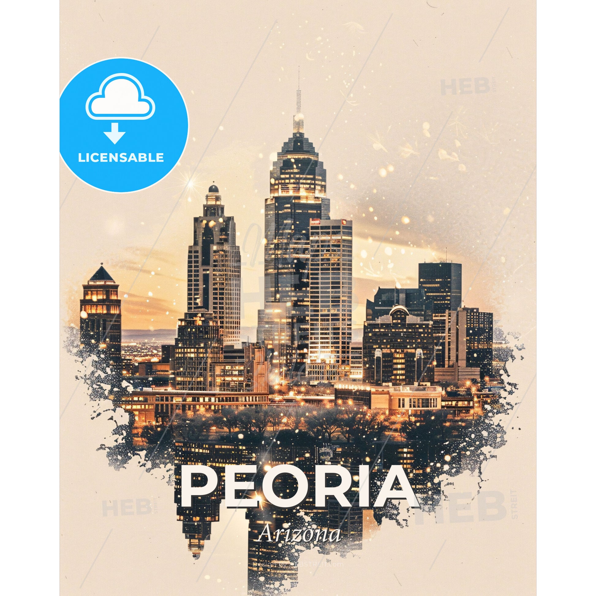 Peoria Skyline Composite Art Poster - A city skyline with lights reflecting on water - Square format print template