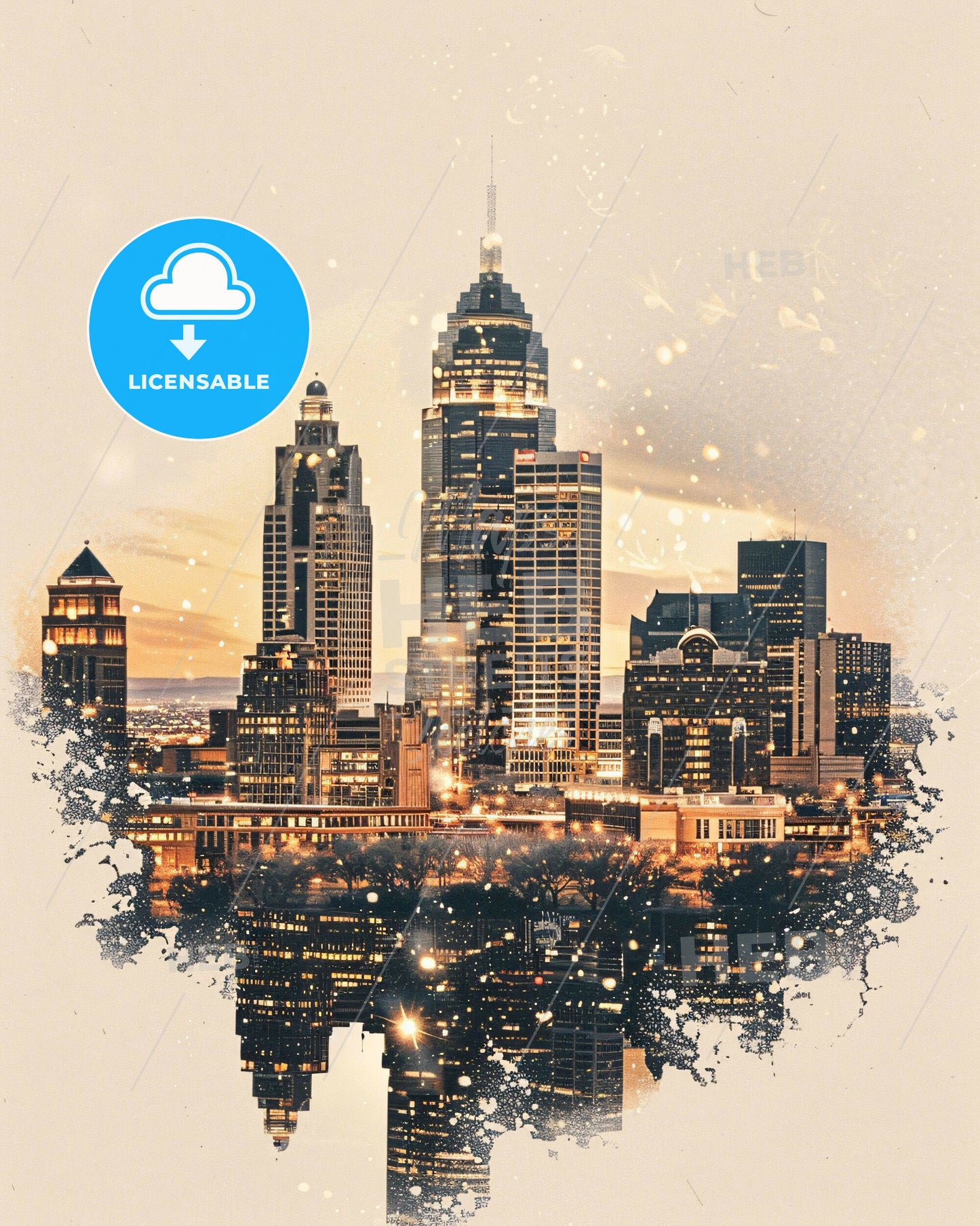 Peoria Skyline Composite Art Poster - A city skyline with lights reflecting on water