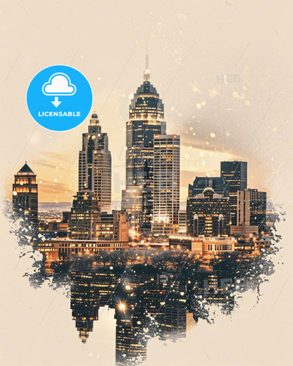 Peoria Skyline Composite Art Poster - A city skyline with lights reflecting on water