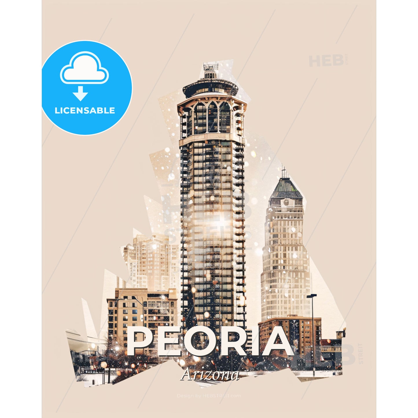 Peoria Cityscape Double Exposure Skyline Art - A city skyline with tall buildings - Square format print template