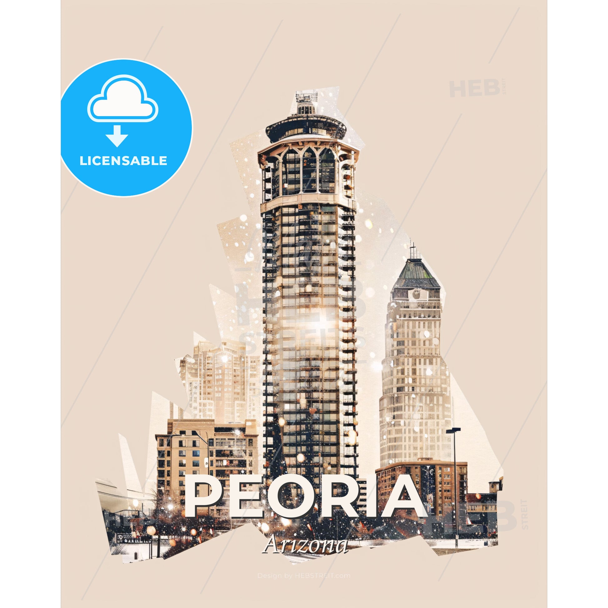 Peoria Cityscape Double Exposure Skyline Art - A city skyline with tall buildings - Square format print template