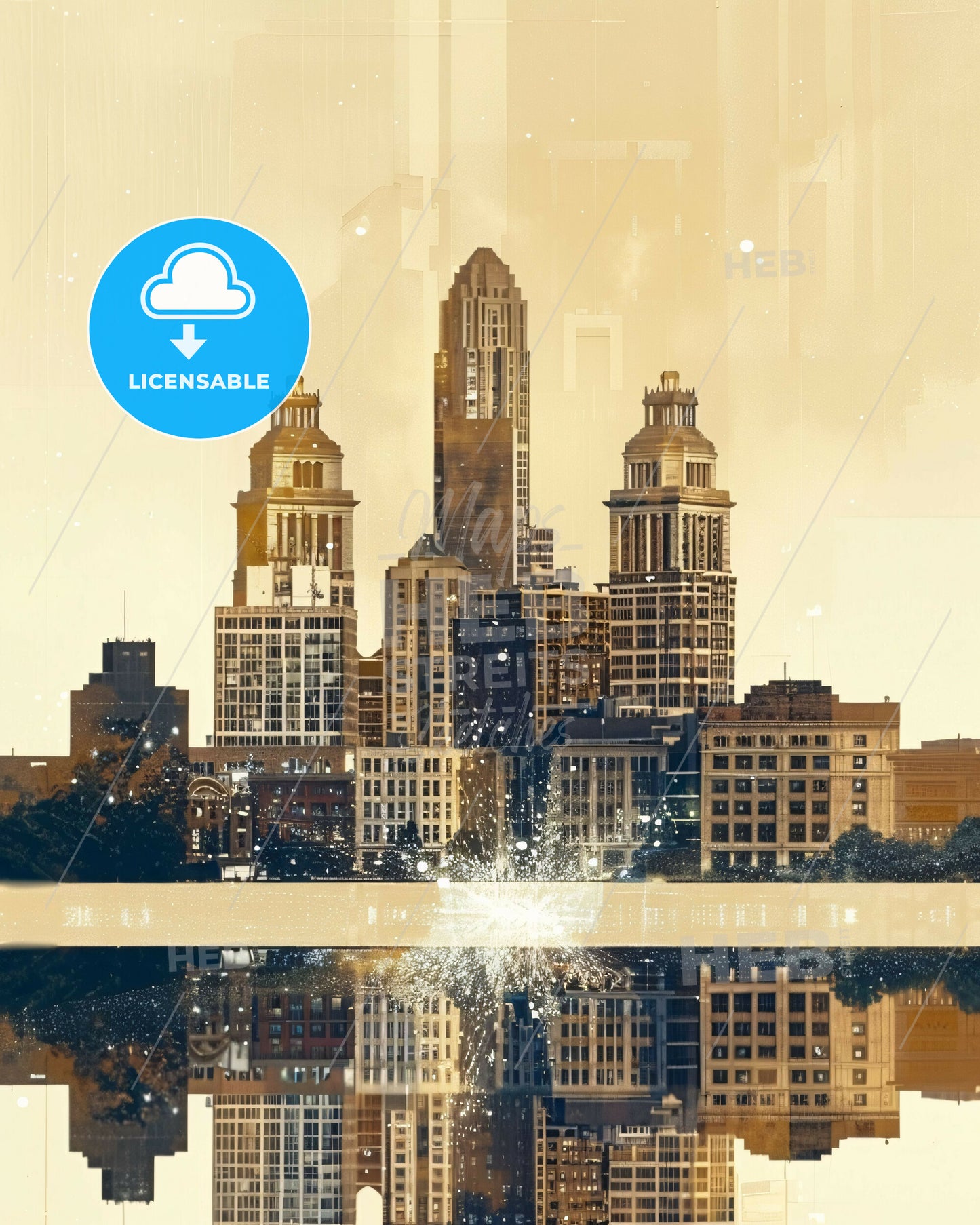 Peoria City Lights Skyline Composite Art Poster - A city skyline with a reflection of a sun