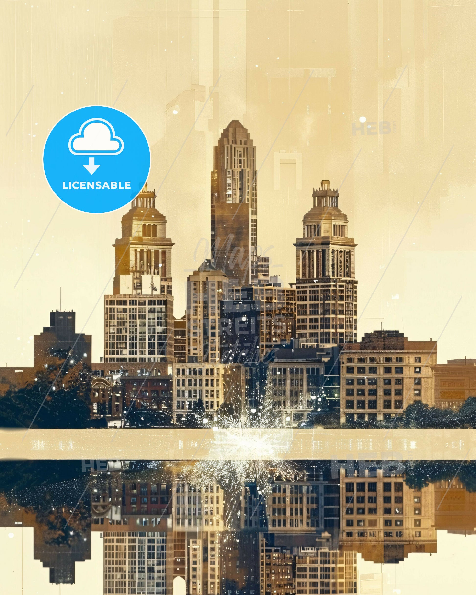 Peoria City Lights Skyline Composite Art Poster - A city skyline with a reflection of a sun