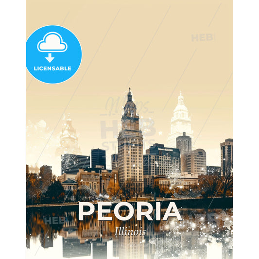 Peoria City Icons Night Glow Poster Art - A city with tall buildings and a body of water - Square format print template