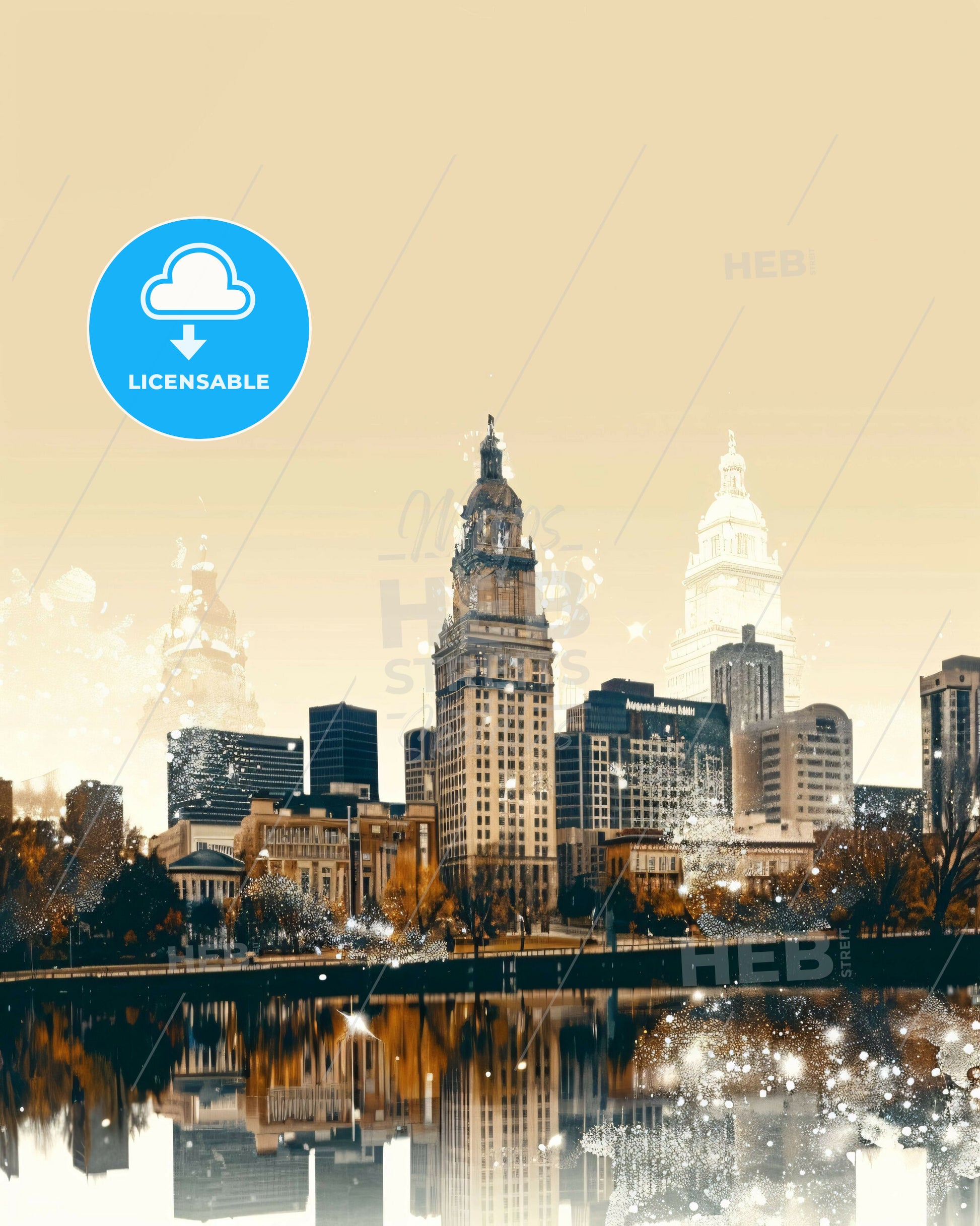 Peoria City Icons Night Glow Poster Art - A city with tall buildings and a body of water