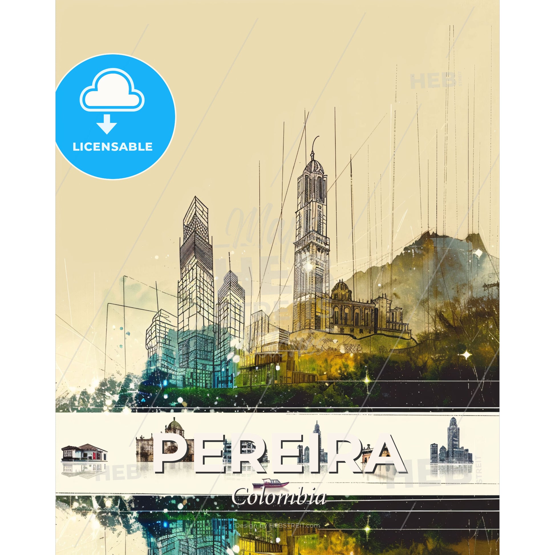 Pereira Skyline Composite Art with Local Icons - A drawing of a city - Square format print template