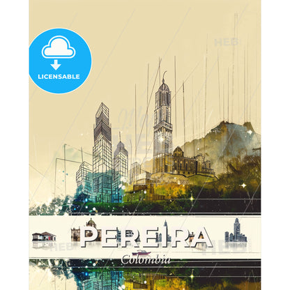 Pereira Skyline Composite Art with Local Icons - A drawing of a city - Square format print template