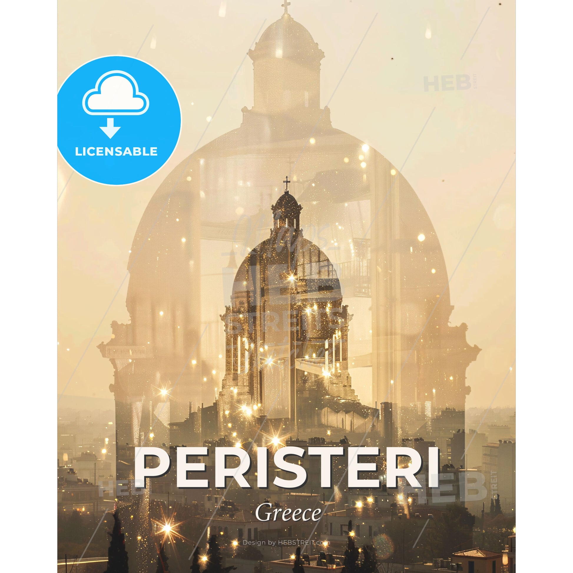 Peristeri Skyline Double Exposure Bright Poster Art - A double exposure of a dome with a building in the background - Square format print template
