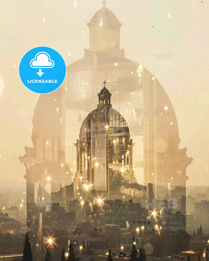 Peristeri Skyline Double Exposure Bright Poster Art - A double exposure of a dome with a building in the background