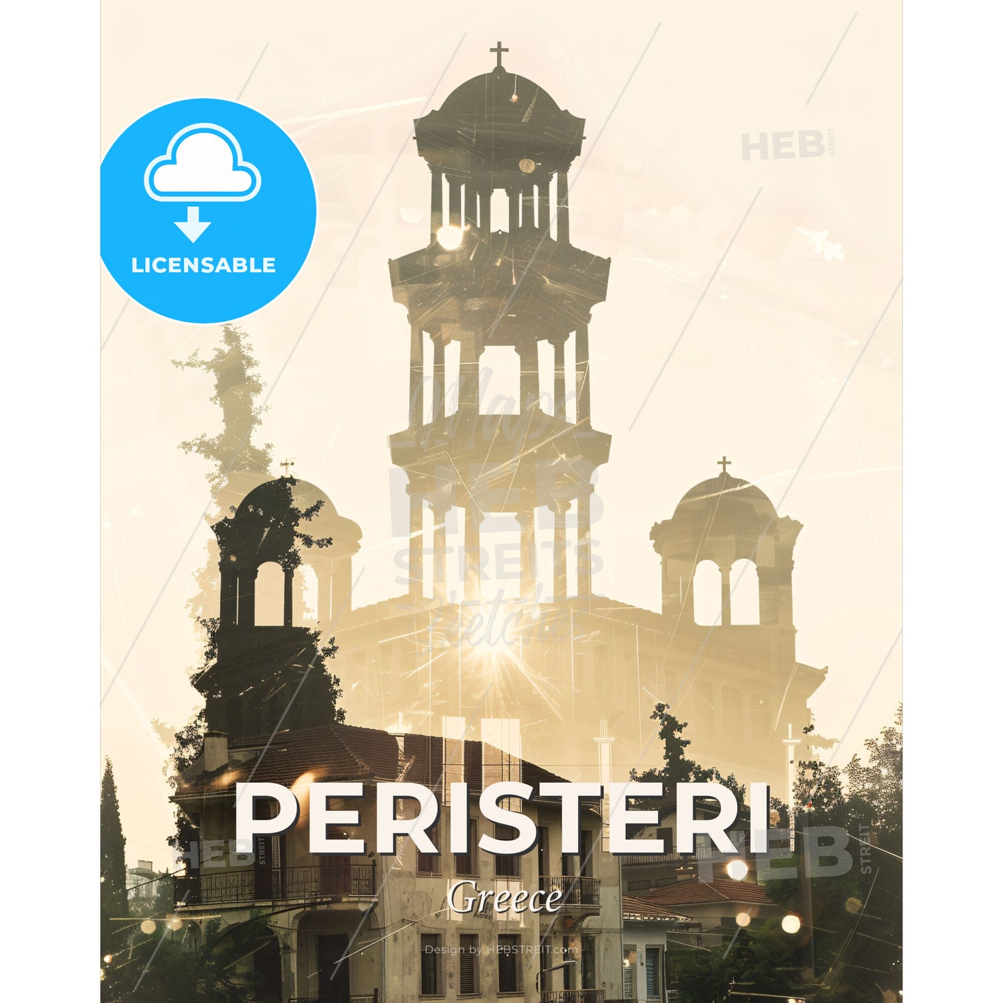 Peristeri City Silhouette Sparkle Composite - A building with a tower - Square format print template