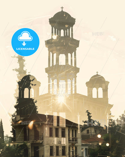 Peristeri City Silhouette Sparkle Composite - A building with a tower