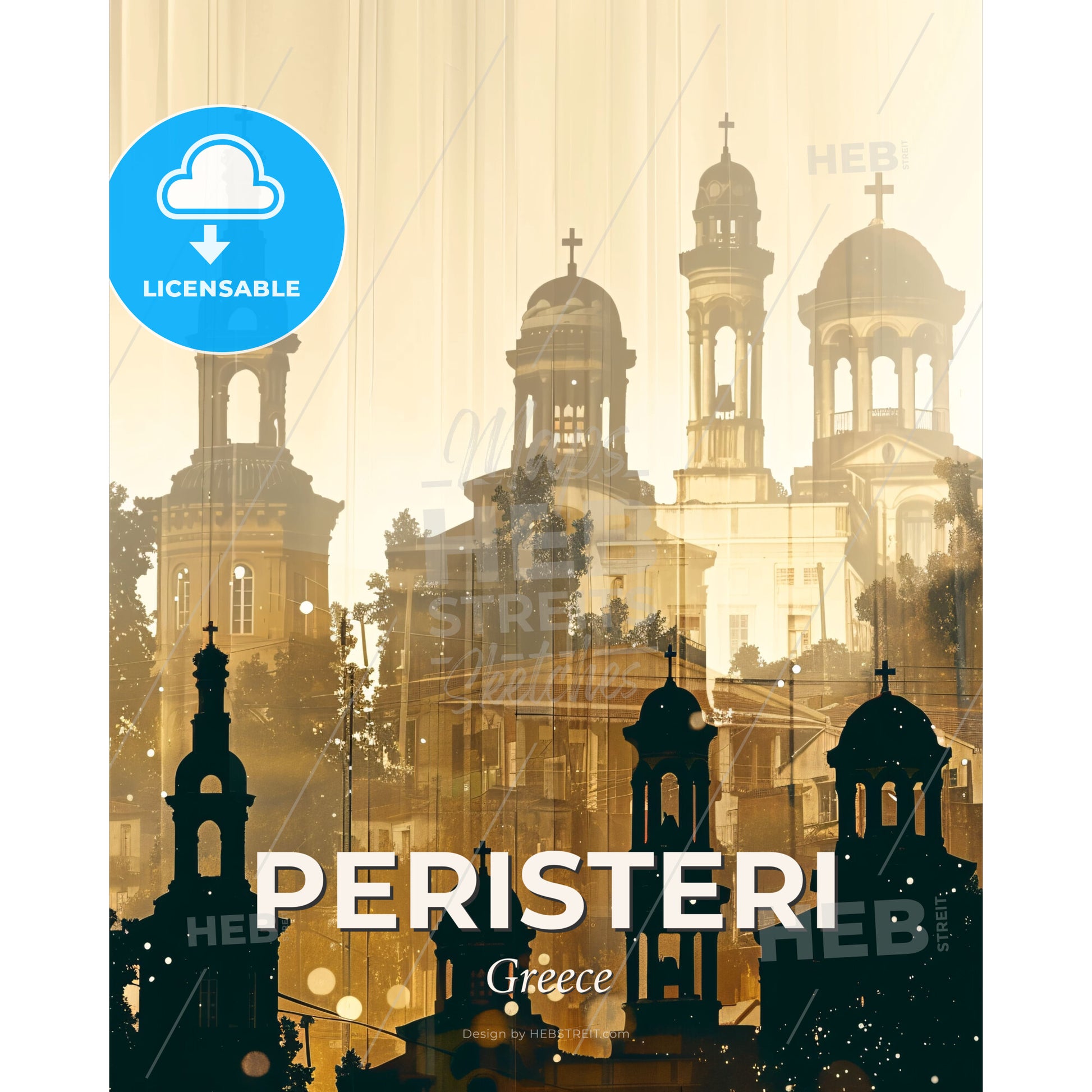 Peristeri City Skyline Silhouetted Poster Glow - A group of buildings with crosses - Square format print template