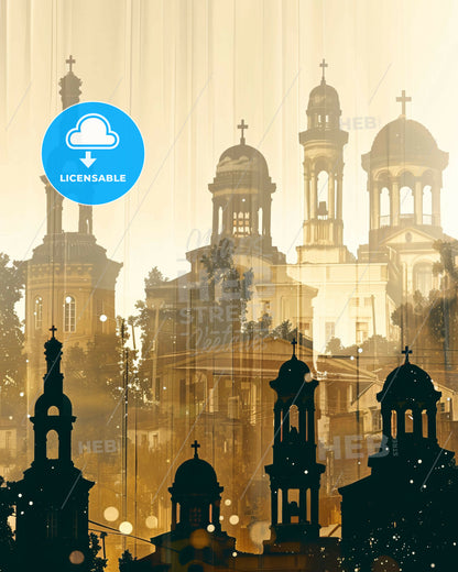 Peristeri City Skyline Silhouetted Poster Glow - A group of buildings with crosses