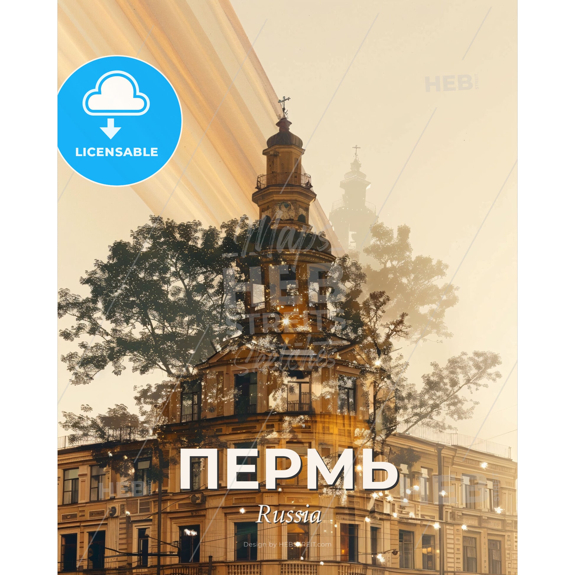 Perm Skyline Double Exposure Art Poster - A building with a tower and a tree - Square format print template