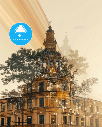 Perm Skyline Double Exposure Art Poster - A building with a tower and a tree