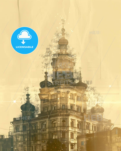 Perm City Skyline Double Exposure Art Poster - A building with a tower