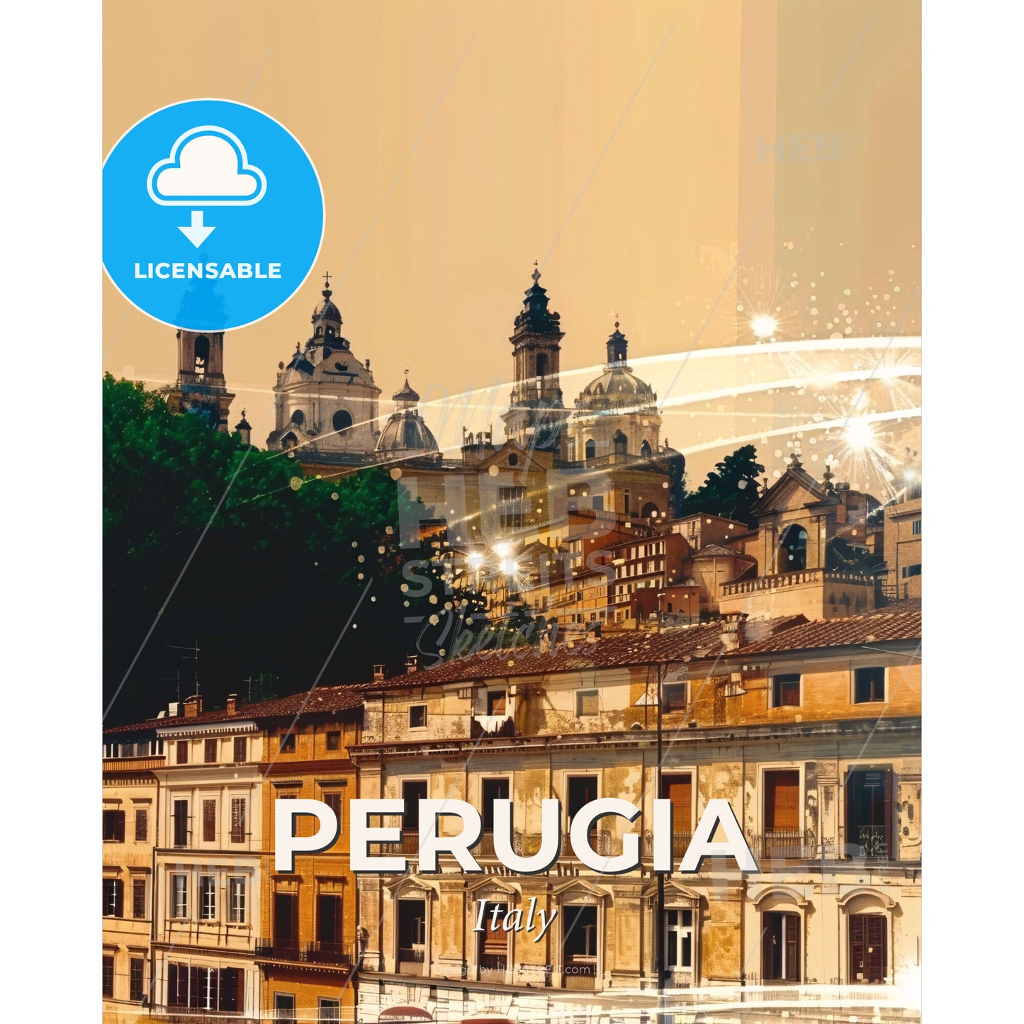 Perugia Skyline Beige Double Exposure Cityscape Poster - A group of buildings with a group of trees and a building with a group of windows - Square format print template