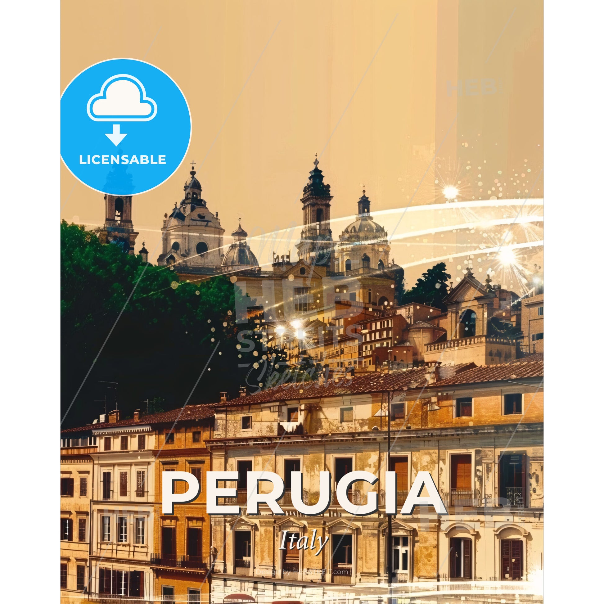 Perugia Skyline Beige Double Exposure Cityscape Poster - A group of buildings with a group of trees and a building with a group of windows - Square format print template