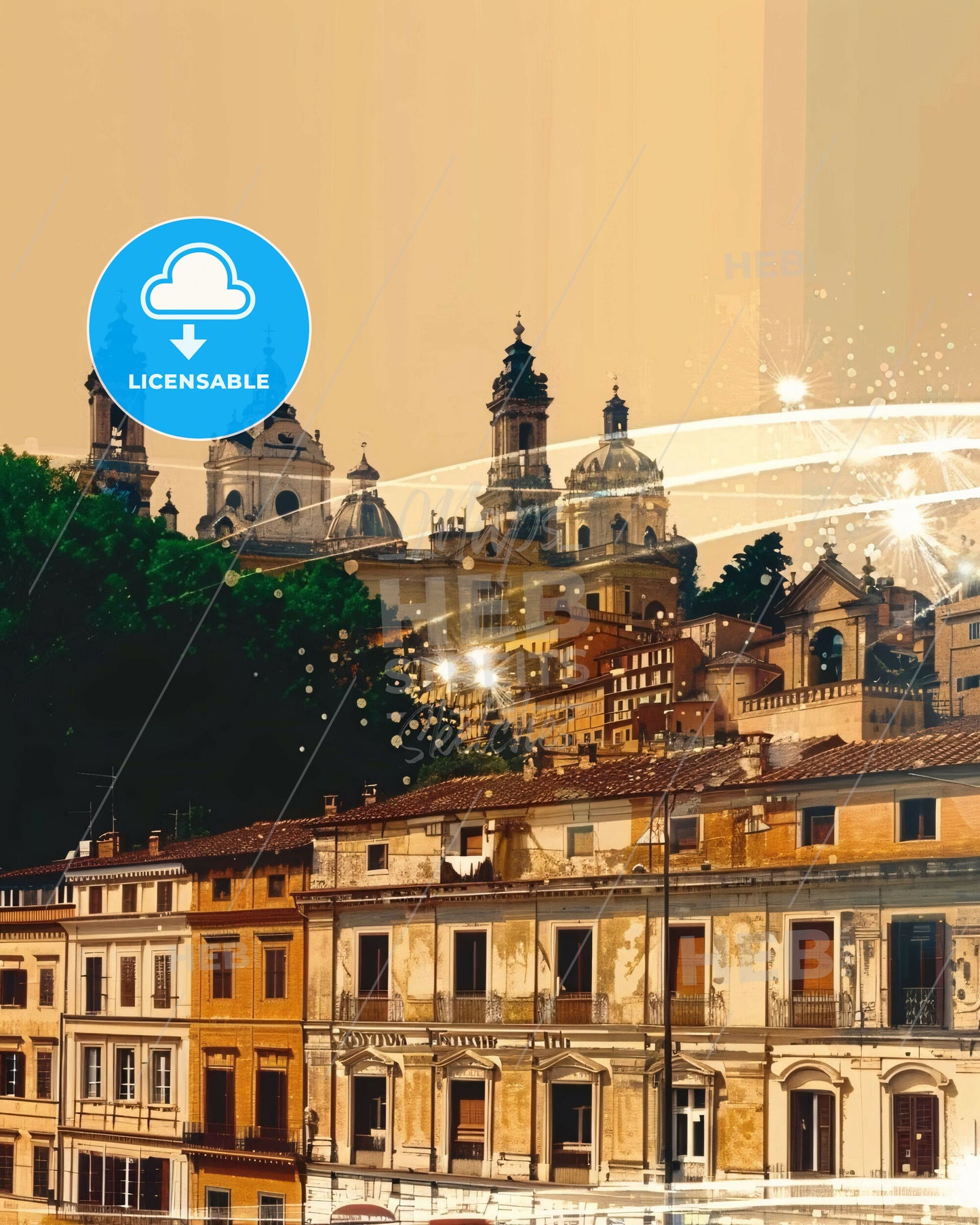 Perugia Skyline Beige Double Exposure Cityscape Poster - A group of buildings with a group of trees and a building with a group of windows