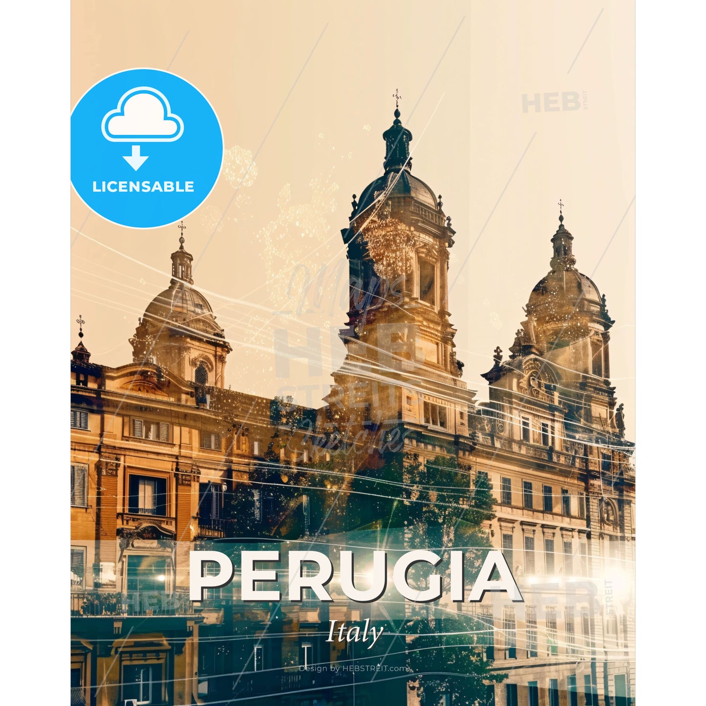 Perugia Skyline Composite Art on Beige - A building with towers and a street in the background - Square format print template