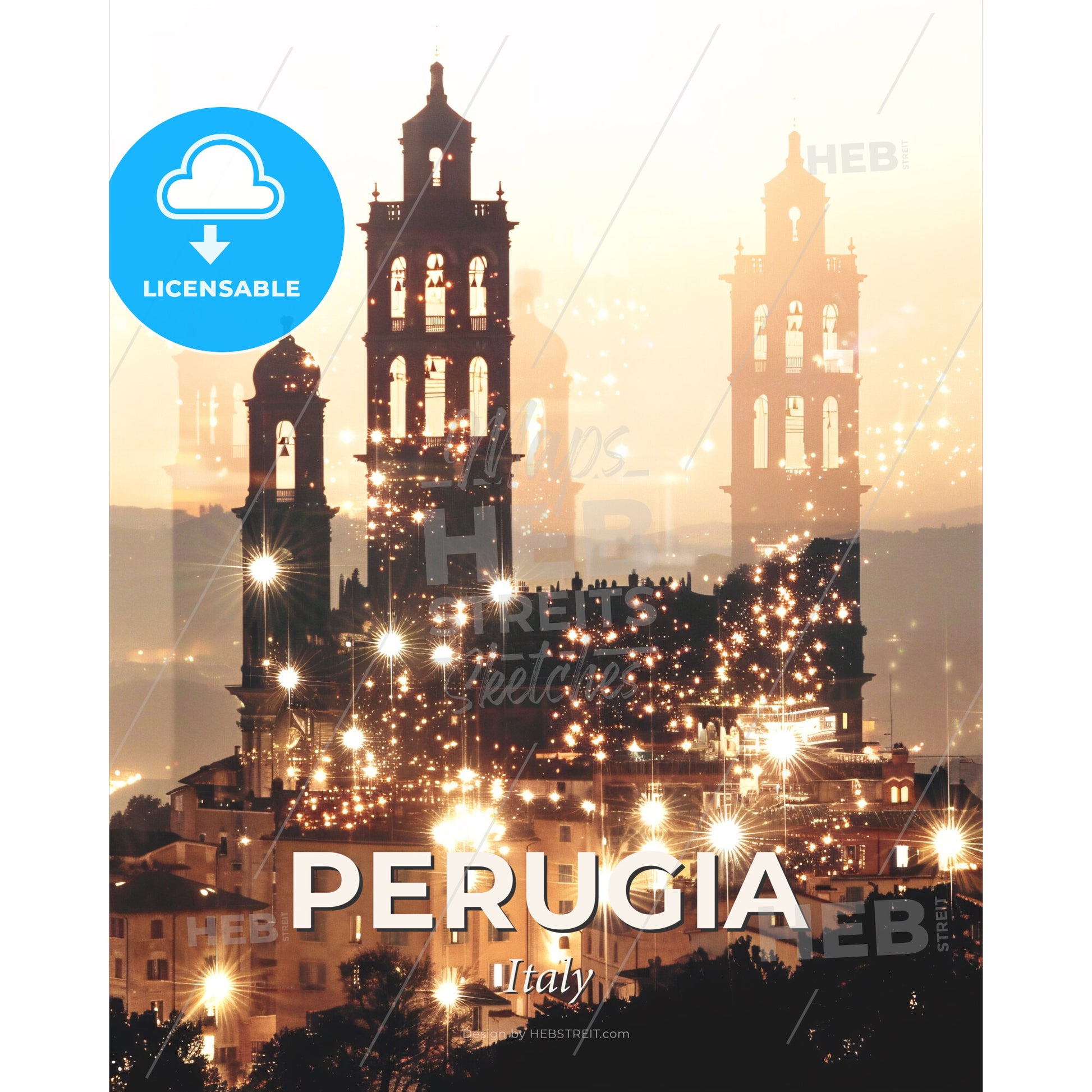 Perugia Italy City Double Exposure Composite - A city with lights and towers - Square format print template