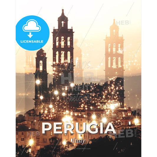 Perugia Italy City Double Exposure Composite - A city with lights and towers - Square format print template