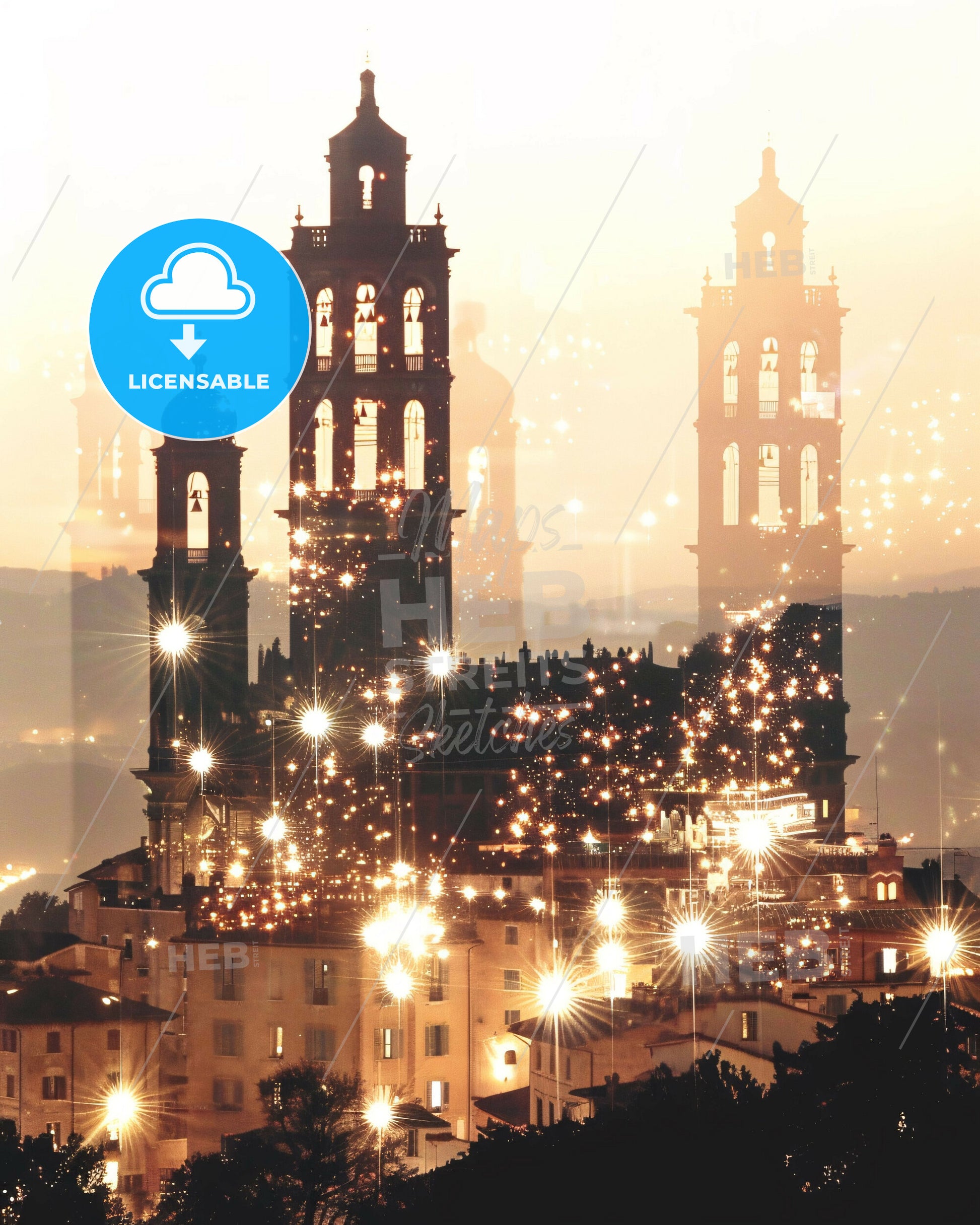 Perugia Italy City Double Exposure Composite - A city with lights and towers