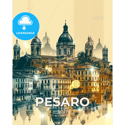 Pesaro City Skyline Double Exposure Fine Art Print - A city with many buildings and a river - Square format print template