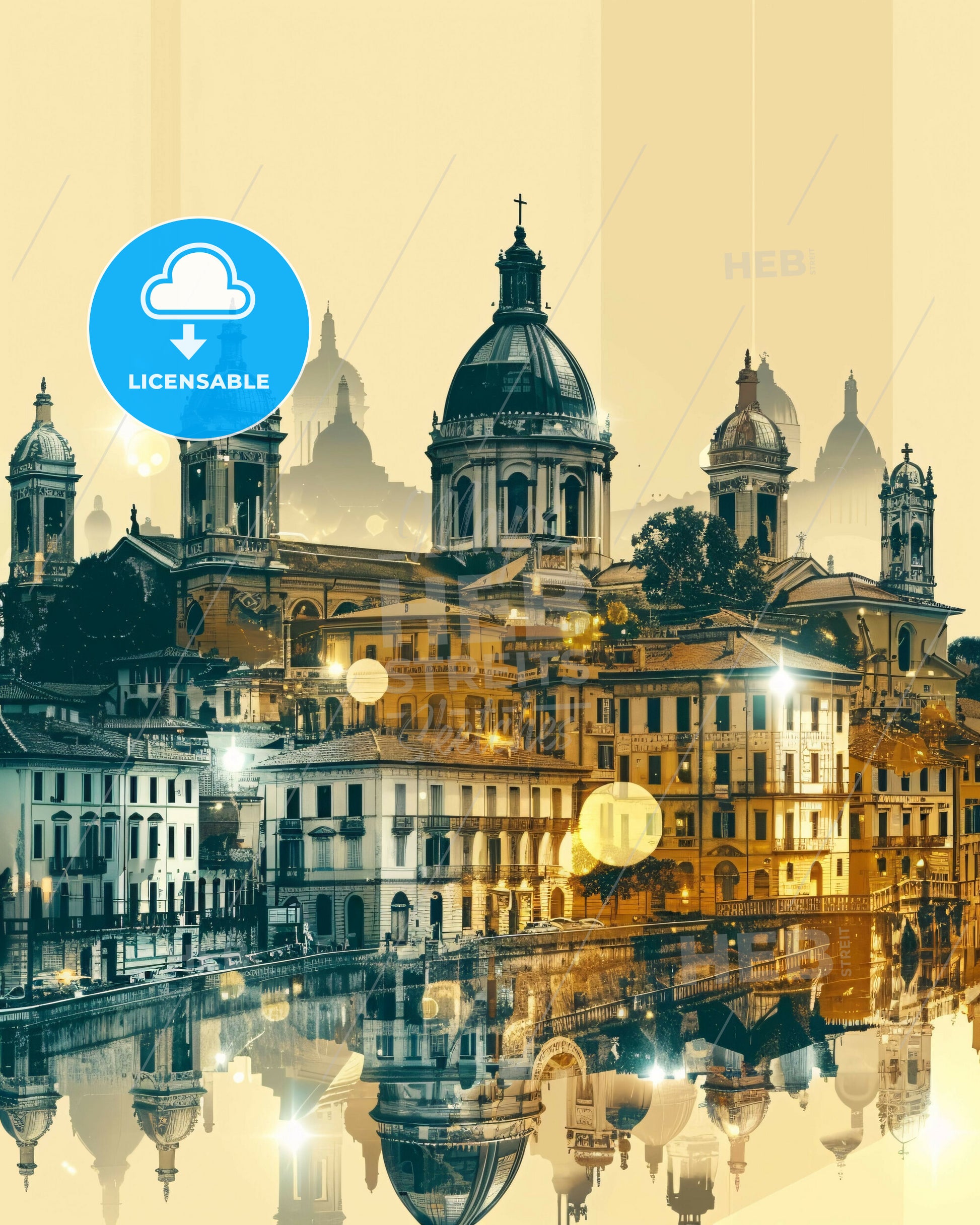 Pesaro City Skyline Double Exposure Fine Art Print - A city with many buildings and a river