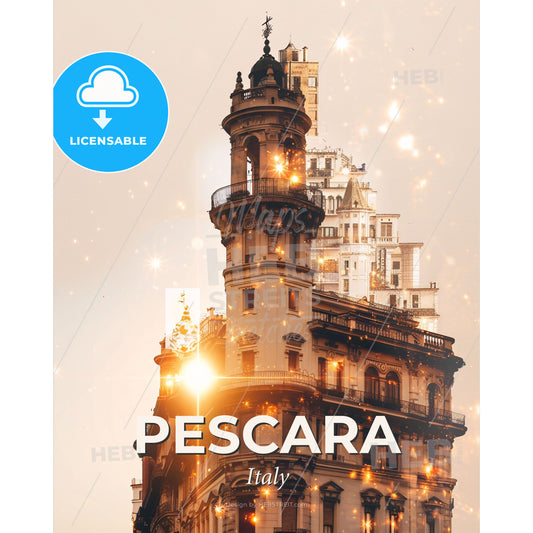 Pescara Skyline Double Exposure Art Poster - A building with a tower - Square format print template