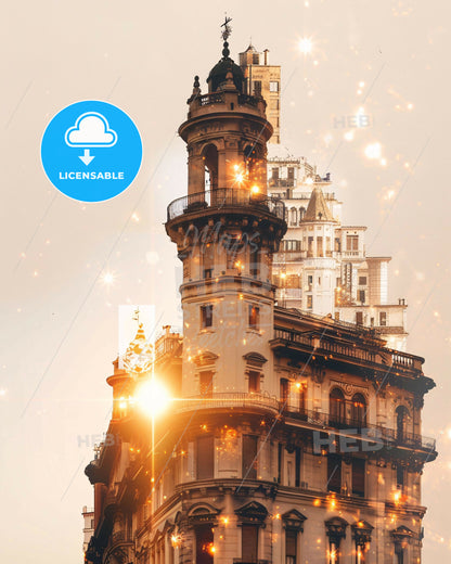 Pescara Skyline Double Exposure Art Poster - A building with a tower