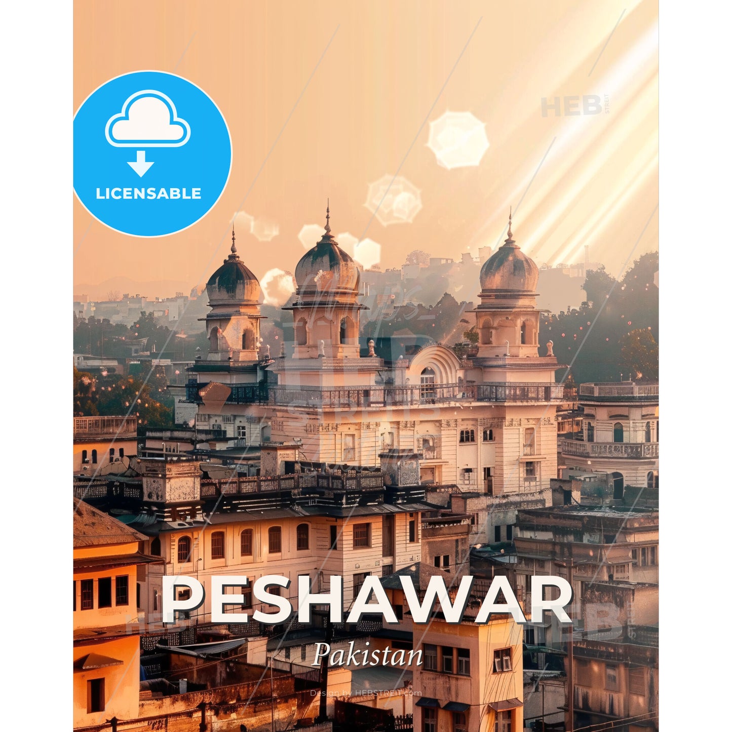 Peshawar Pakistan Skyline Art Poster - A large building with domes and a city in the background - Square format print template