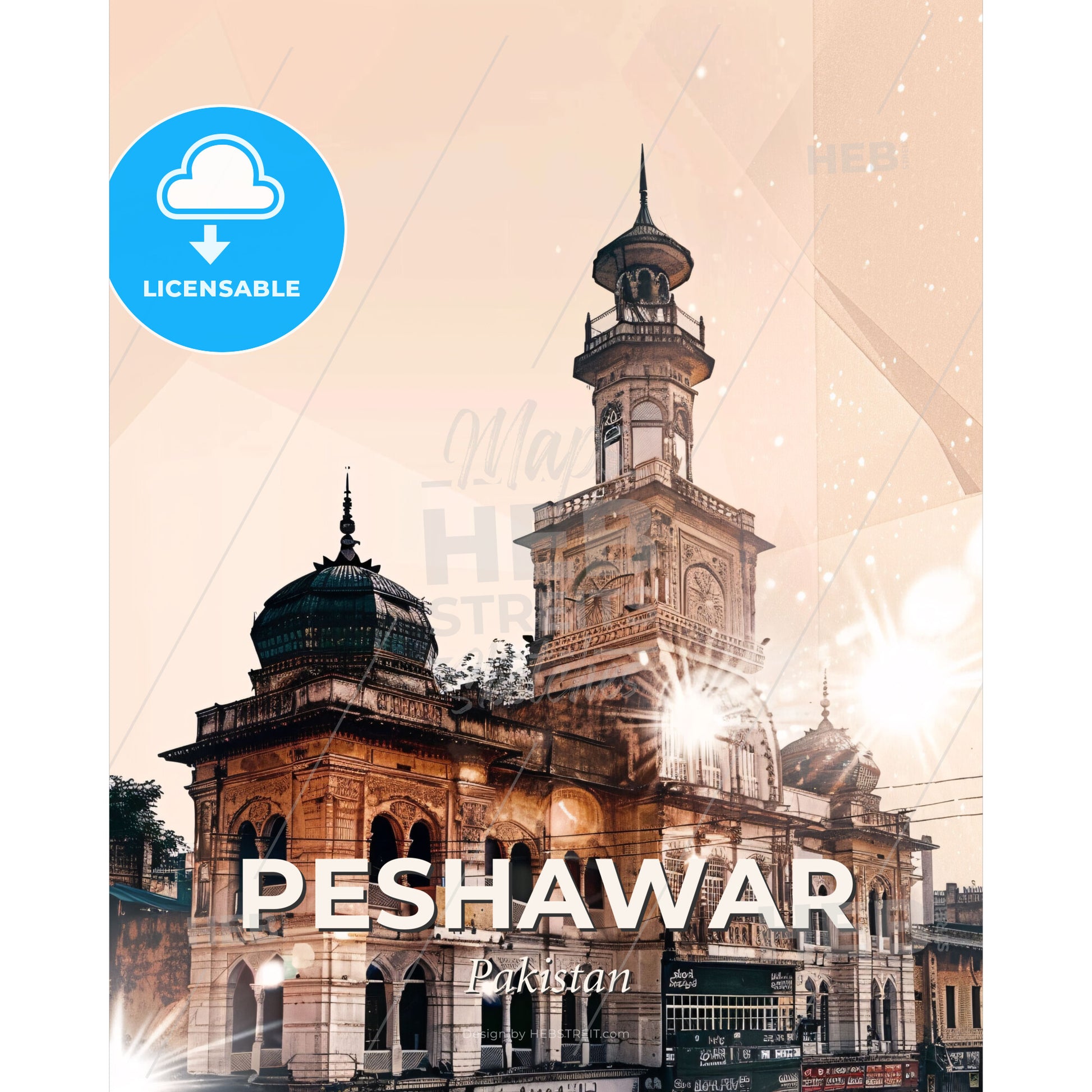 Peshawar Skyline Double Exposure Art Poster - A building with a tower - Square format print template