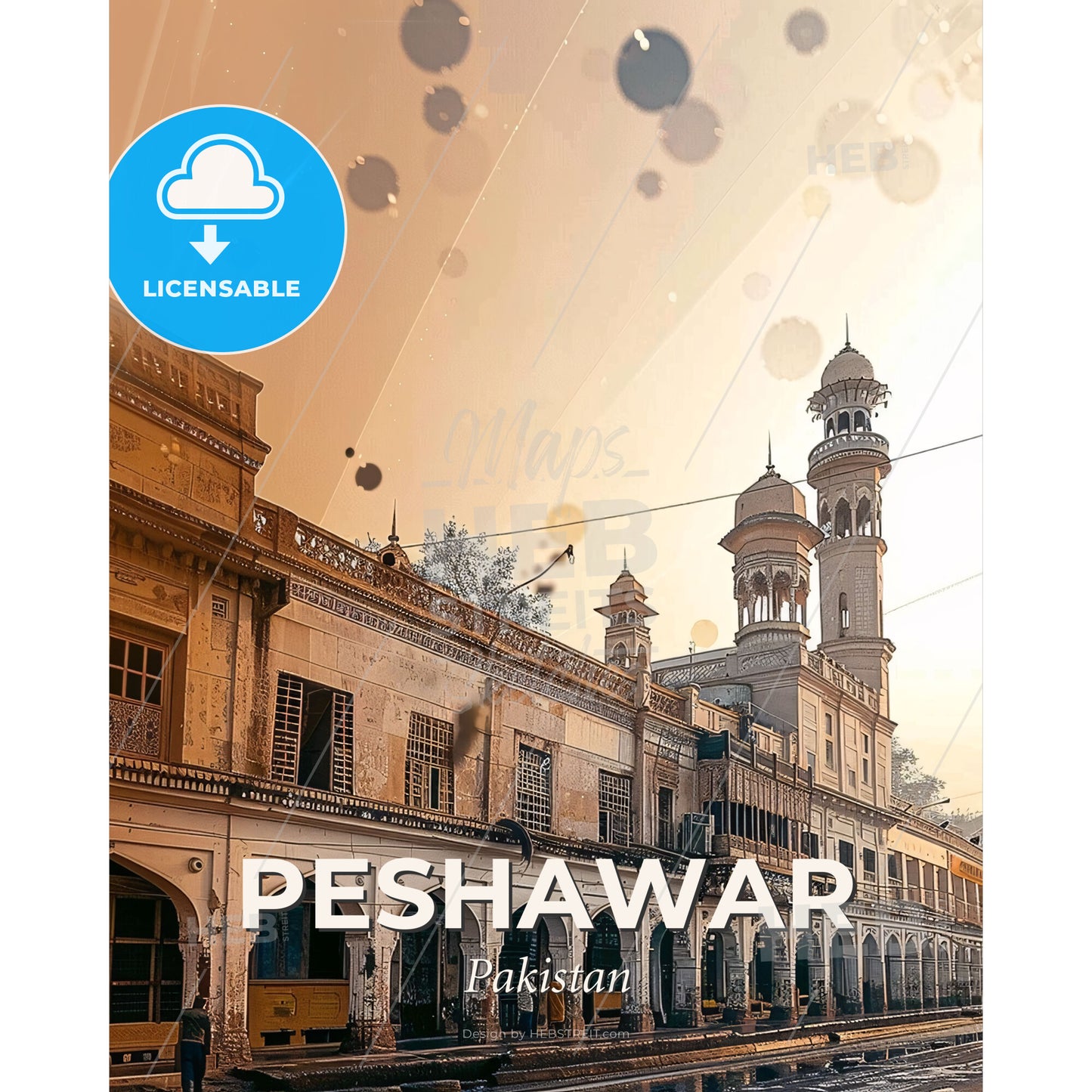 Peshawar City Skyline Bright Poster Decor - A building with towers and a street - Square format print template
