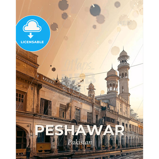 Peshawar City Skyline Bright Poster Decor - A building with towers and a street - Square format print template