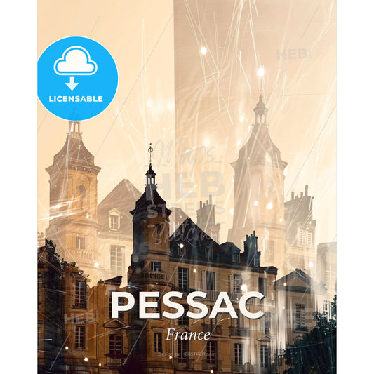 Pessac Skyline Pop Art Minimalist Silhouette - A building with towers and fireworks - Square format print template