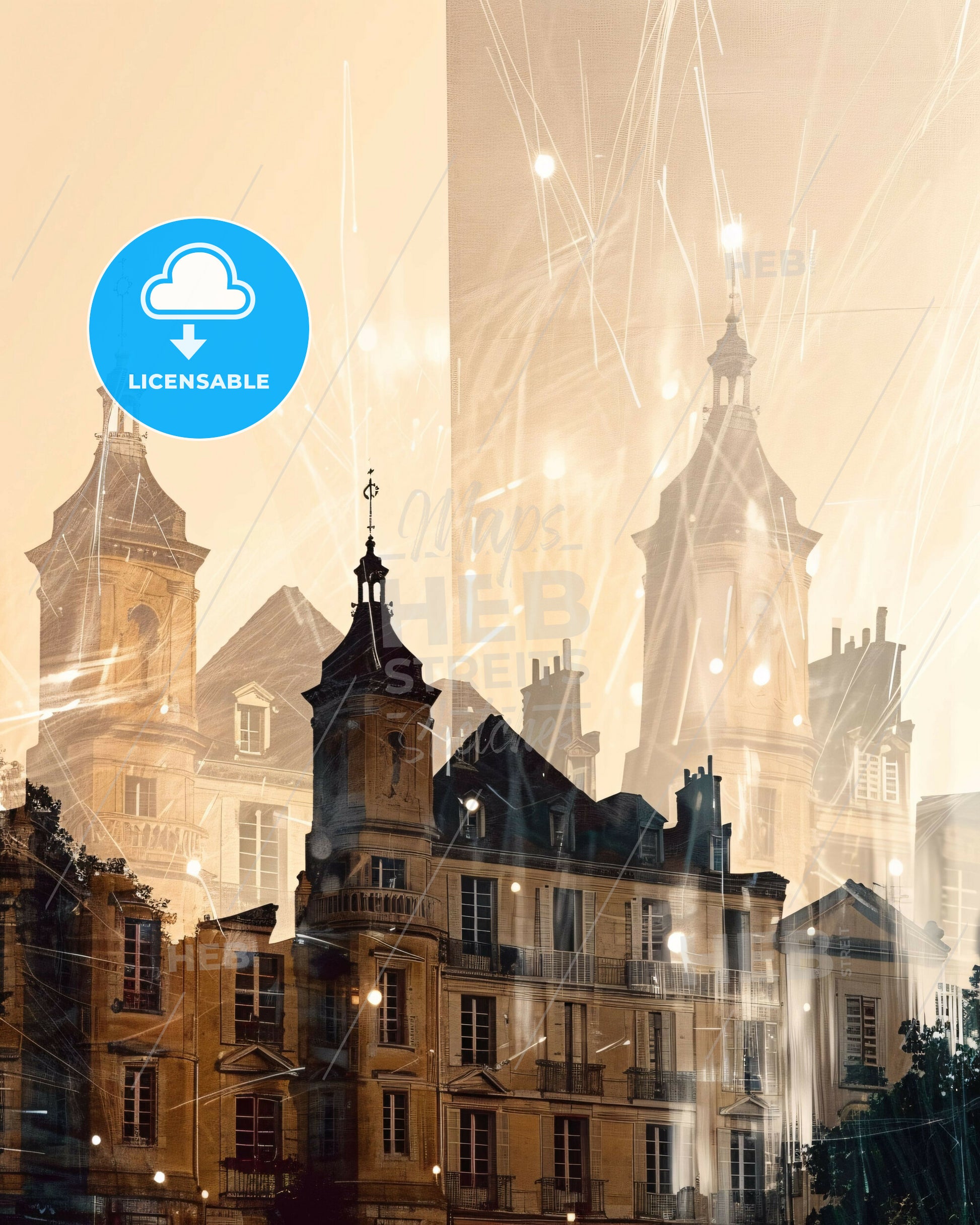 Pessac Skyline Pop Art Minimalist Silhouette - A building with towers and fireworks