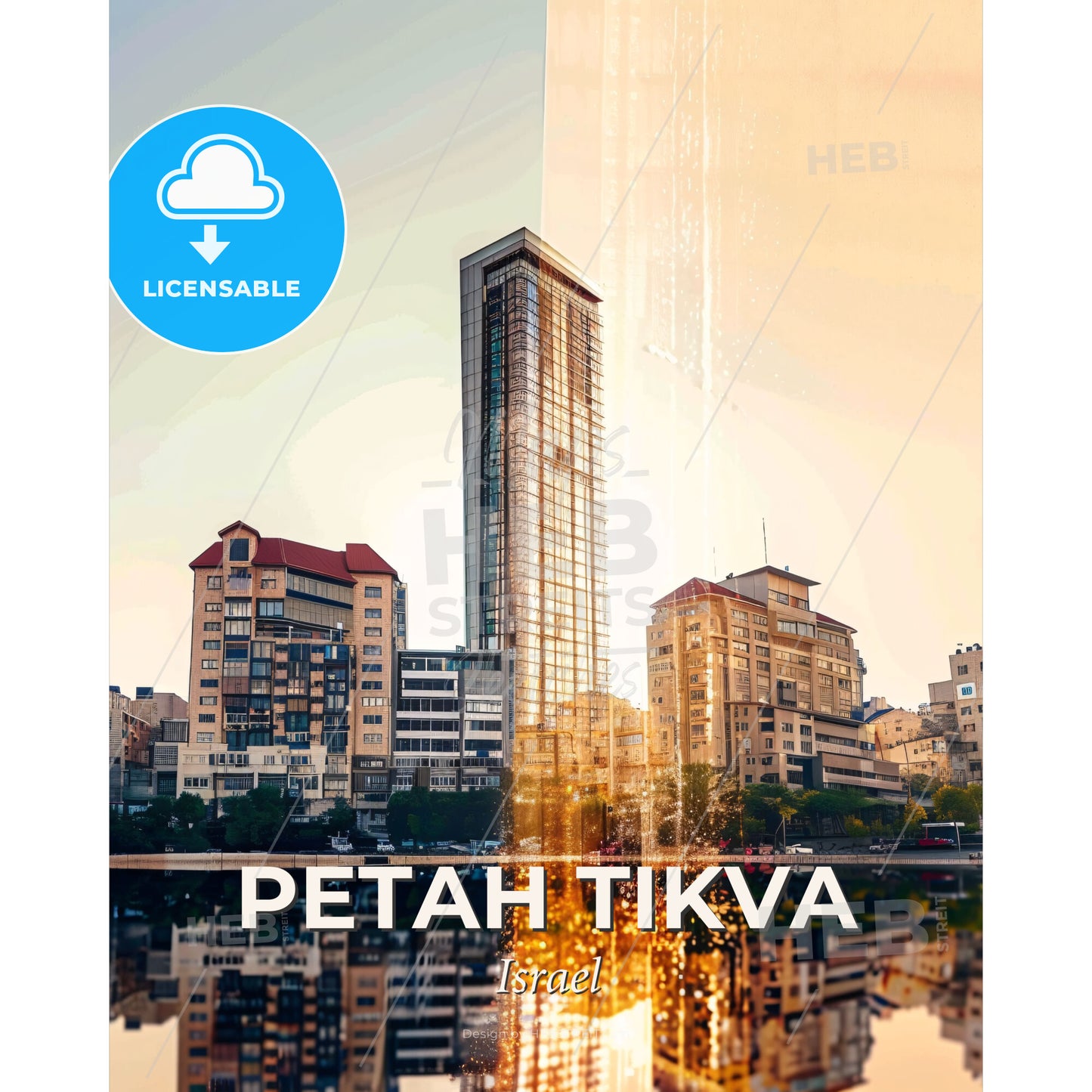 Petah Tikva Skyline Double Exposure Composite Art - A city with a tall building - Square format print template