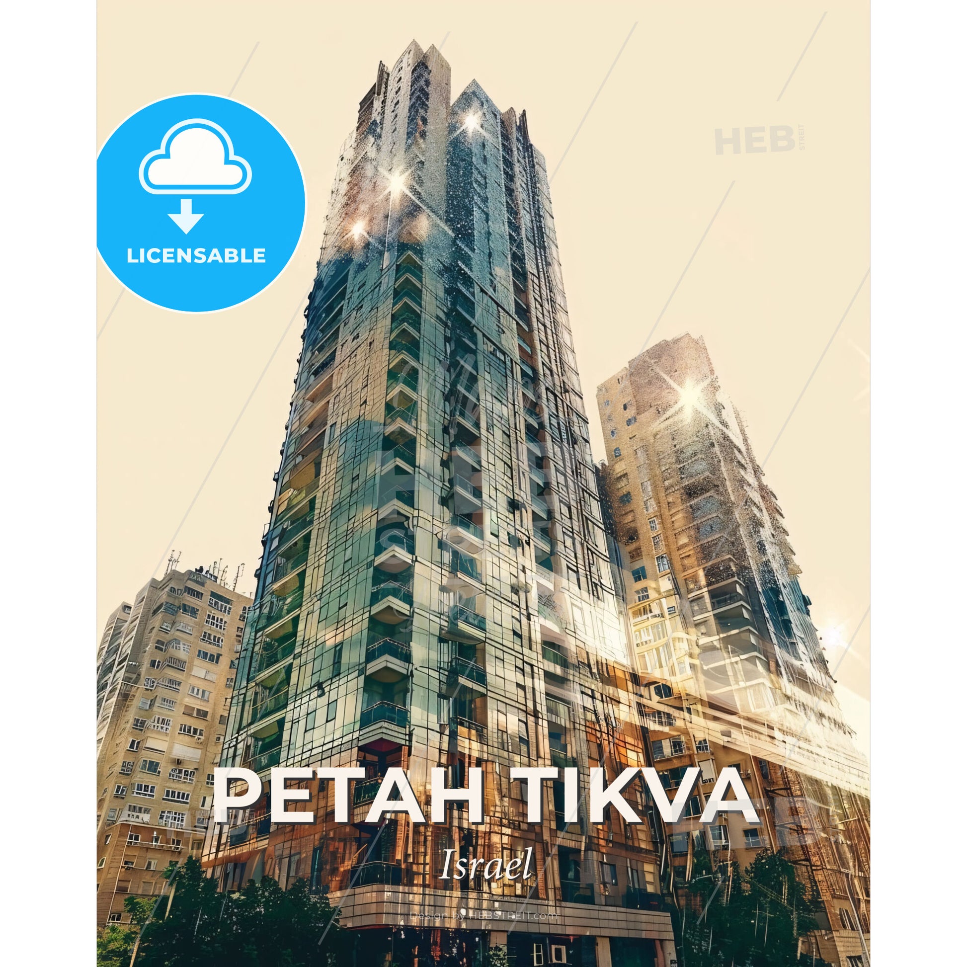 Petah Tikva: Architecture Icon Skyline Cityscape Poster - A tall building with many windows - Square format print template