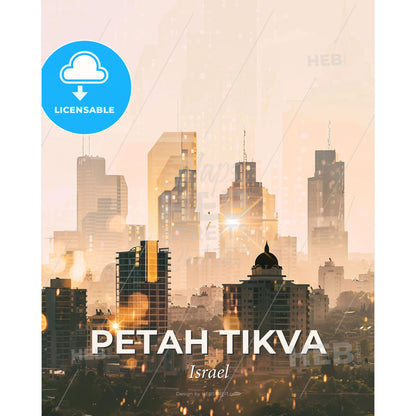 Petah Tikva Skyline Double Exposure Poster Art - A city skyline with many tall buildings - Square format print template