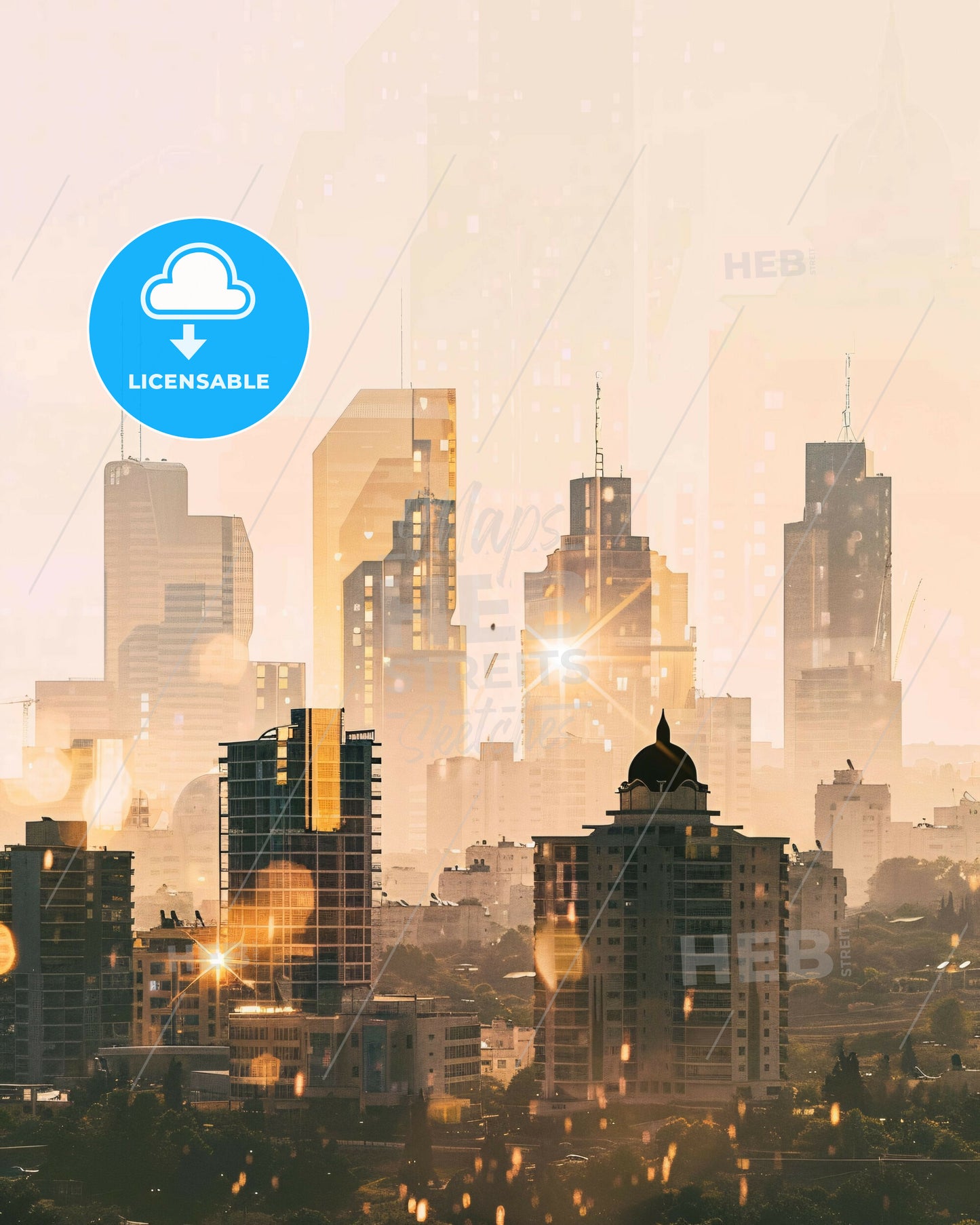 Petah Tikva Skyline Double Exposure Poster Art - A city skyline with many tall buildings