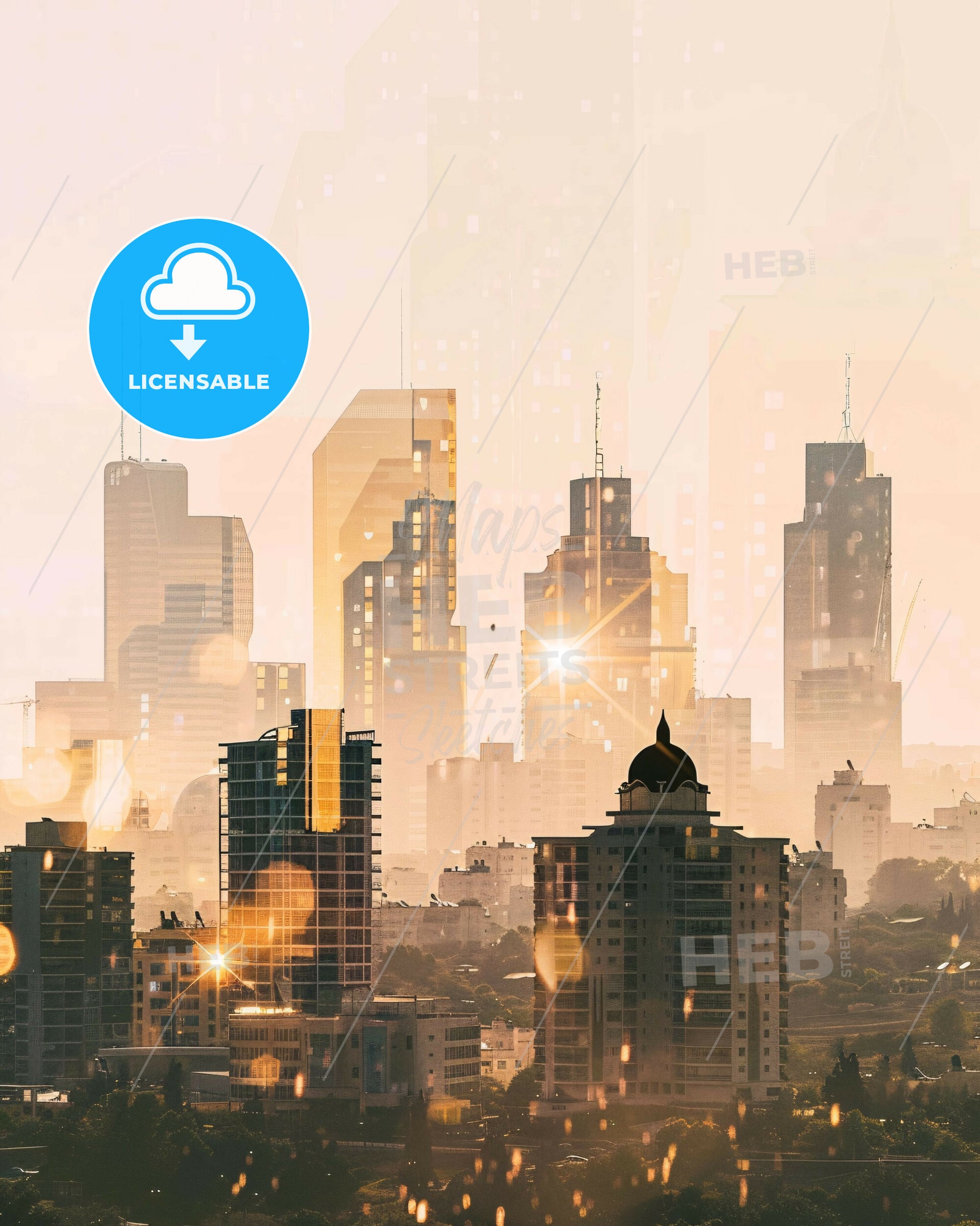 Petah Tikva Skyline Double Exposure Poster Art - A city skyline with many tall buildings