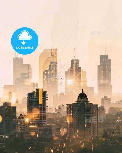 Petah Tikva Skyline Double Exposure Poster Art - A city skyline with many tall buildings