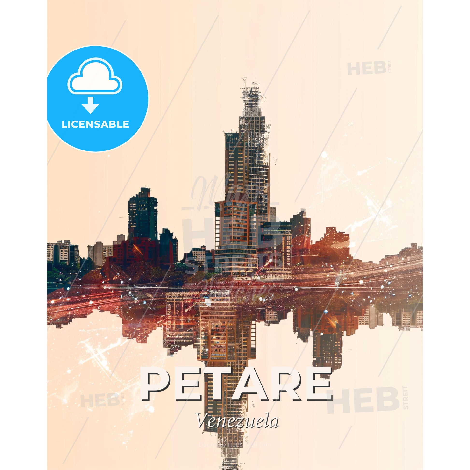 Petare, Venezuela: Icons in Double Exposure Dream - A city skyline with a reflection of the water - Square format print template
