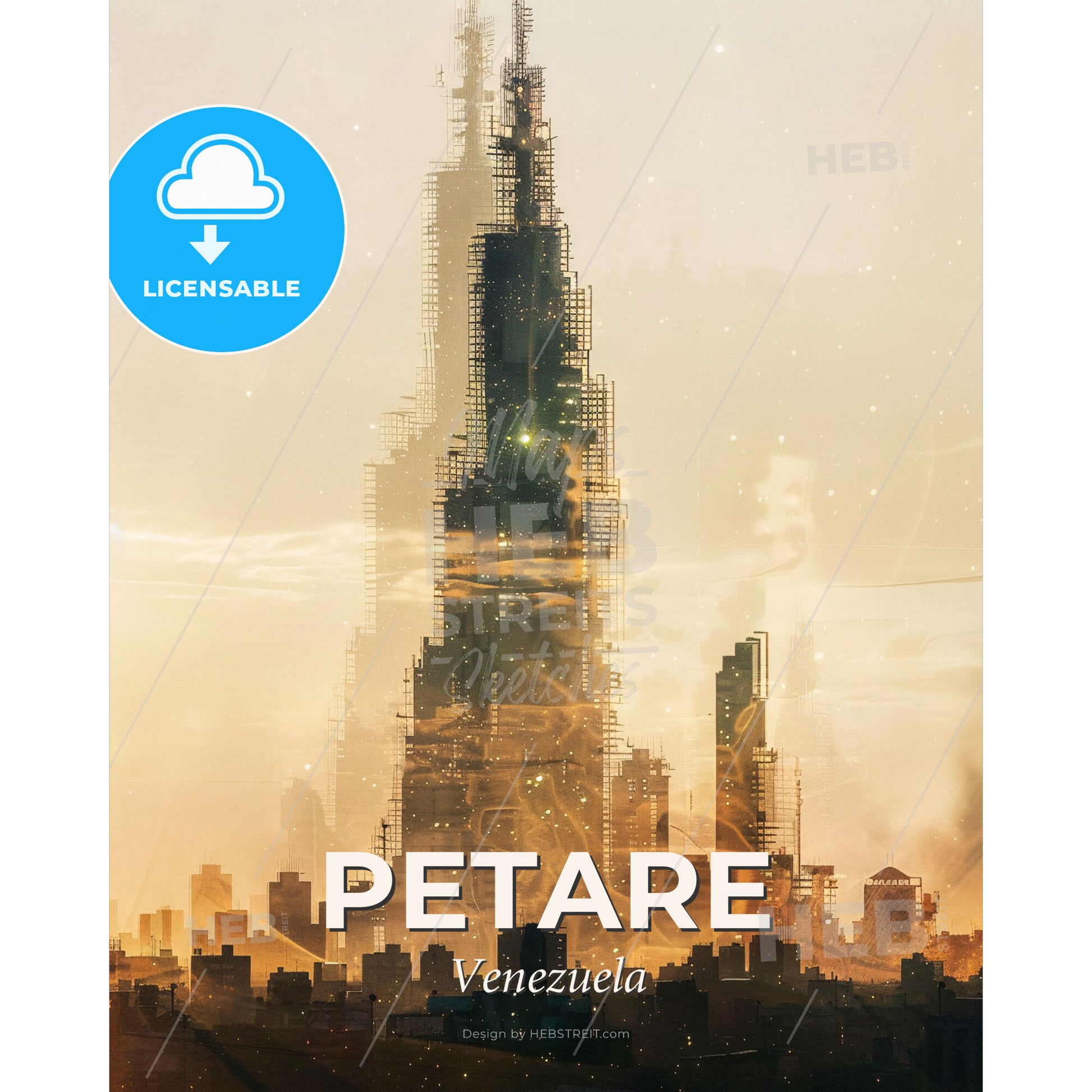 Petare City Skyline Composite Art, Beige Sparkle Poster - A city scaffolding in the sky - Square format print template