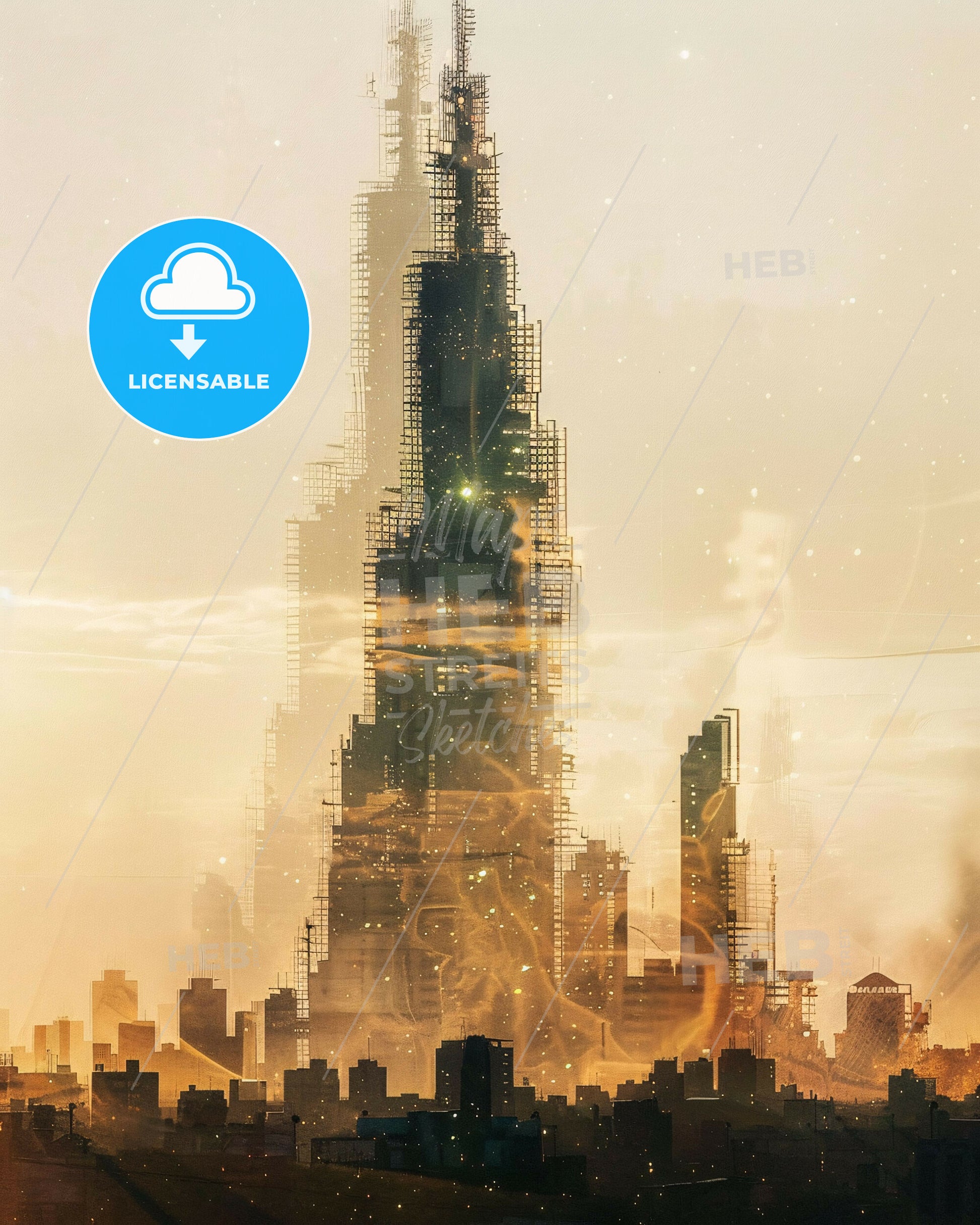 Petare City Skyline Composite Art, Beige Sparkle Poster - A city scaffolding in the sky