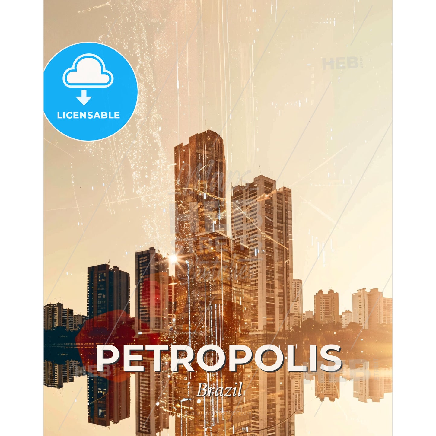 Petropolis Skyline Composite Art With Subtle Backlights - A city skyline with water and reflection - Square format print template