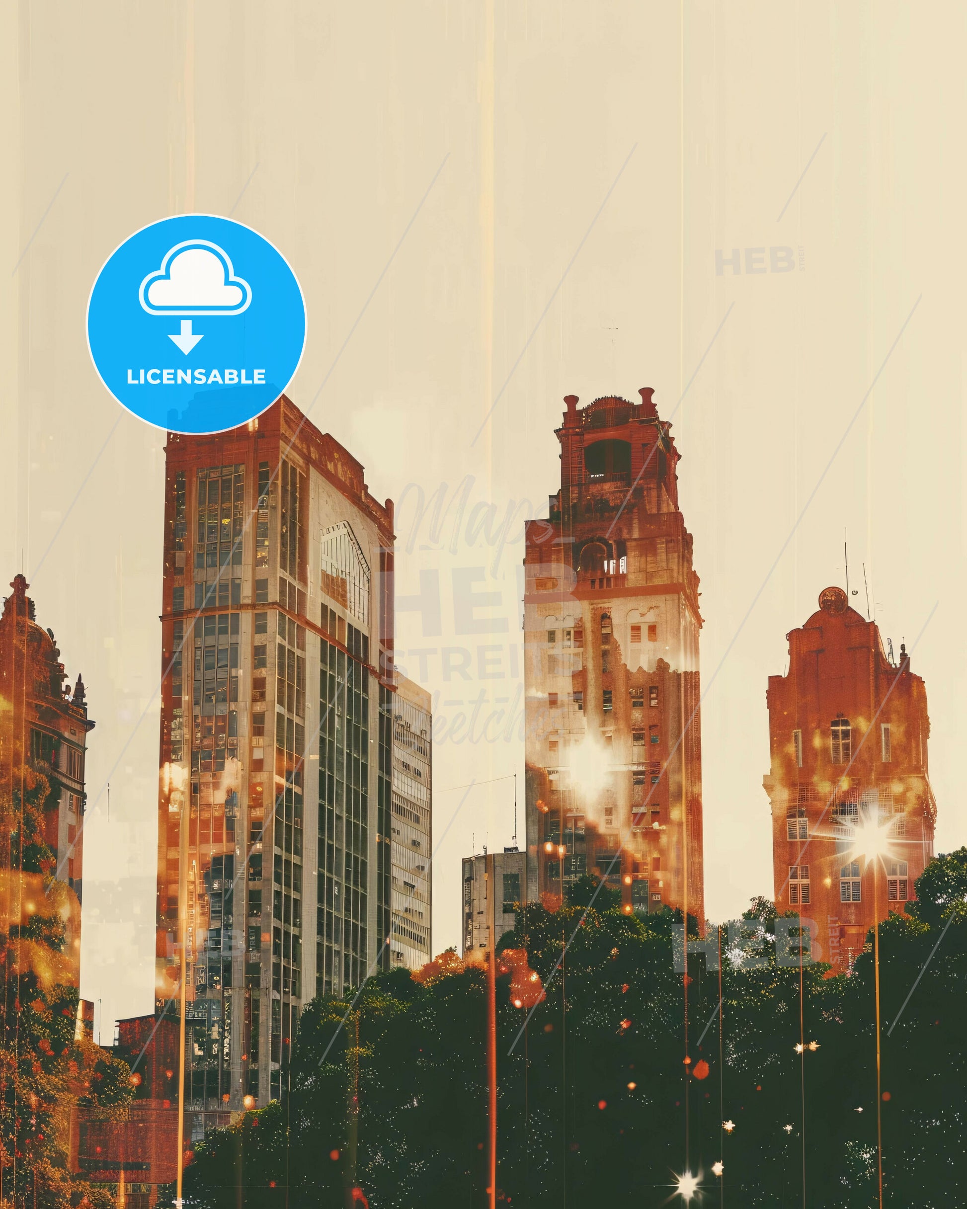 Petropolis City Skyline Dreamy Double Exposure Artwork - A group of tall buildings with trees