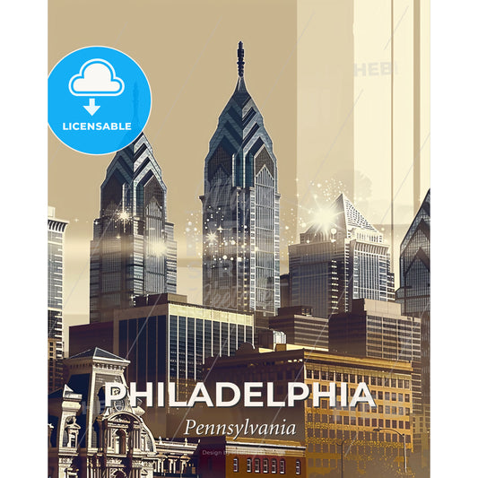 Philadelphia Skyline Art: City Icons and Sparkle - A city skyline with tall buildings - Square format print template